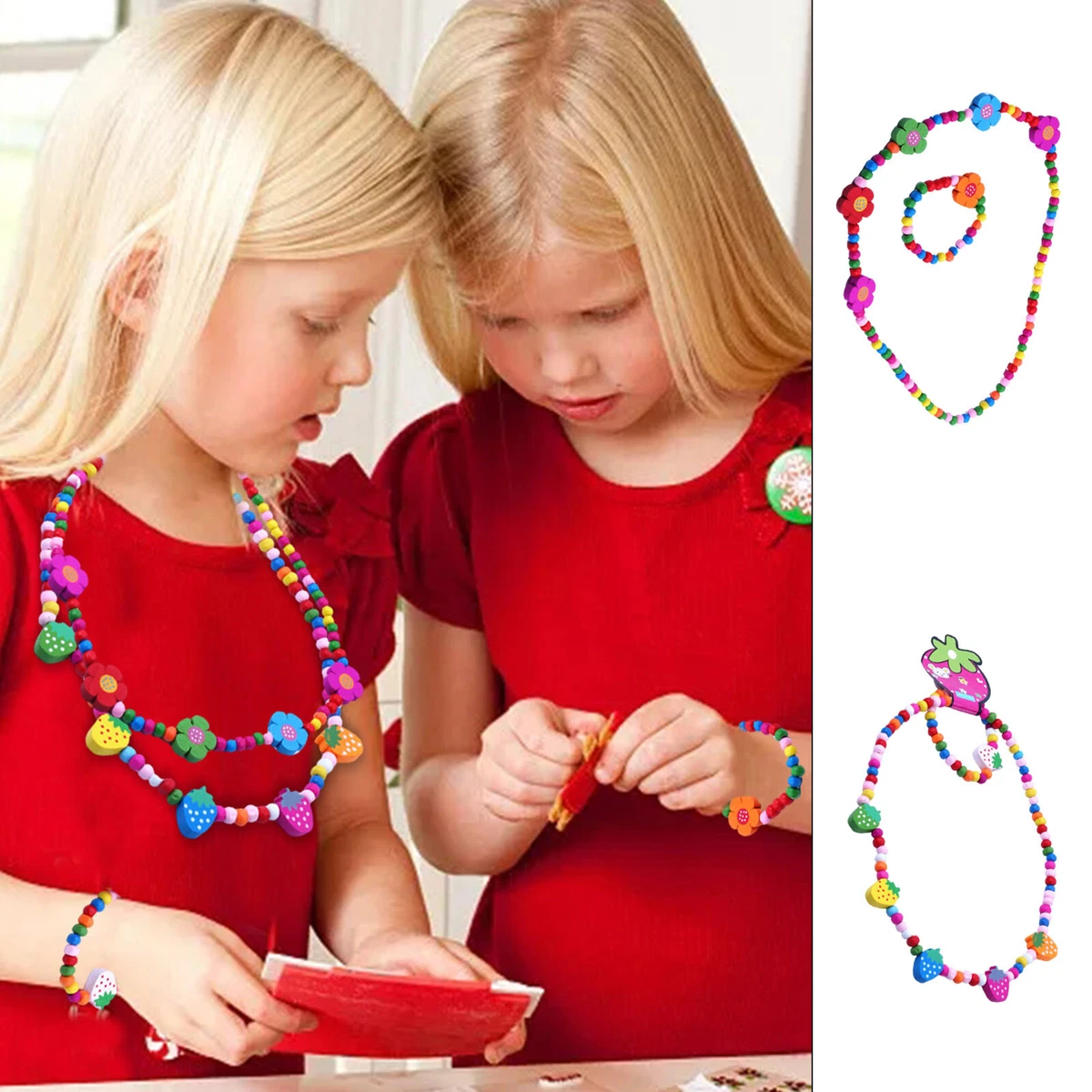 2pcs/Set Little Girls Jewelry Set Wooden Stretch Necklace Bracelet Play