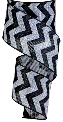 Black Gray Chevron 2.5" by 2 yd Wired Ribbon Rustic Faux Burlap Country Fall - Picture 2 of 2