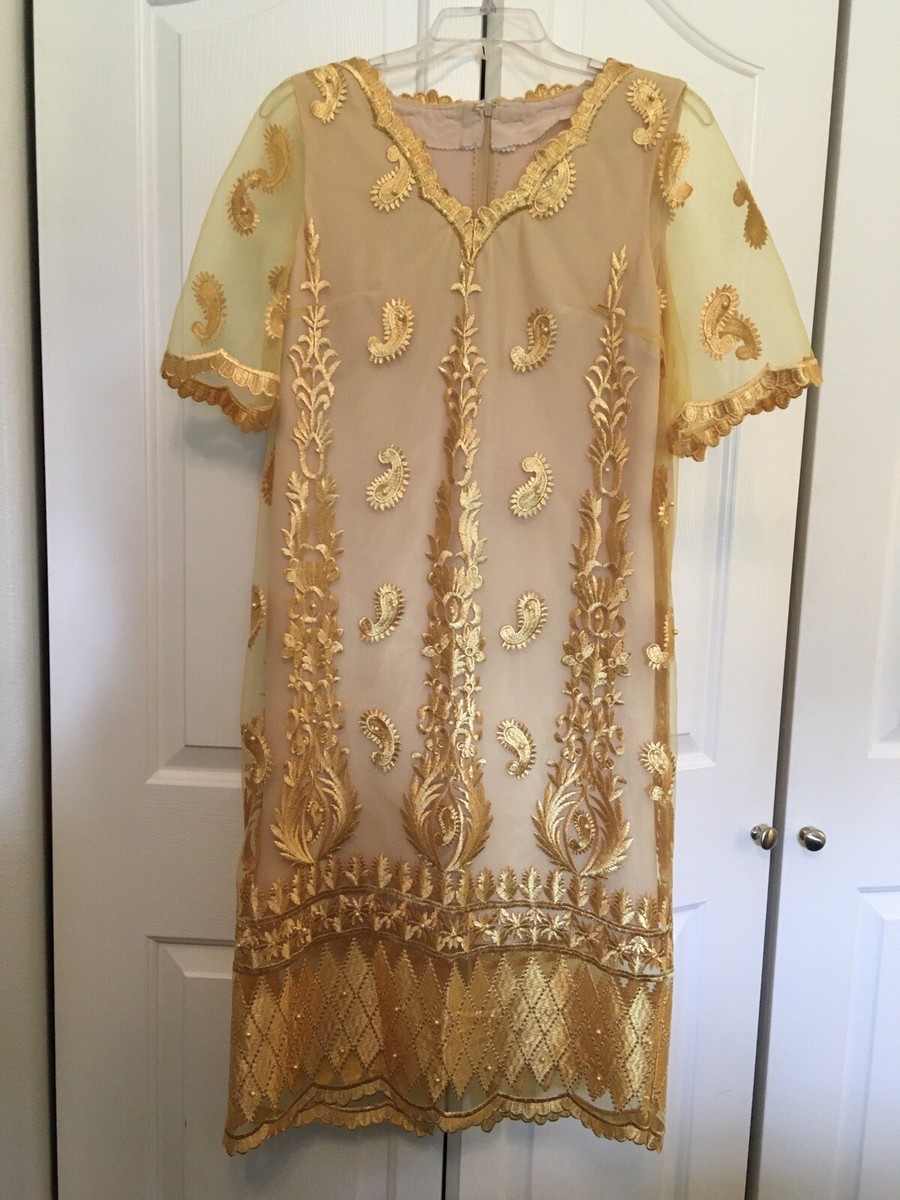 Boho India Custom Made Yellow Lace Embroidered Pearls Dress S/M
