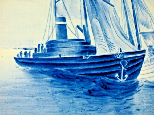 Villeroy Boch Mettlach Art Pottery Wall Plaque Holland Blue Delft Fishing Boat - Picture 6 of 10