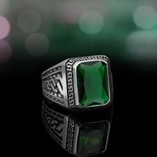 Solid 925 Sterling Silver Handmade Jewelry Green Zircon Men's Ring All Size