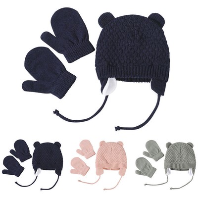 Baby Kinder Winter Warme Strickmütze Mütze Handschuhe Skimütze Fäustling Set