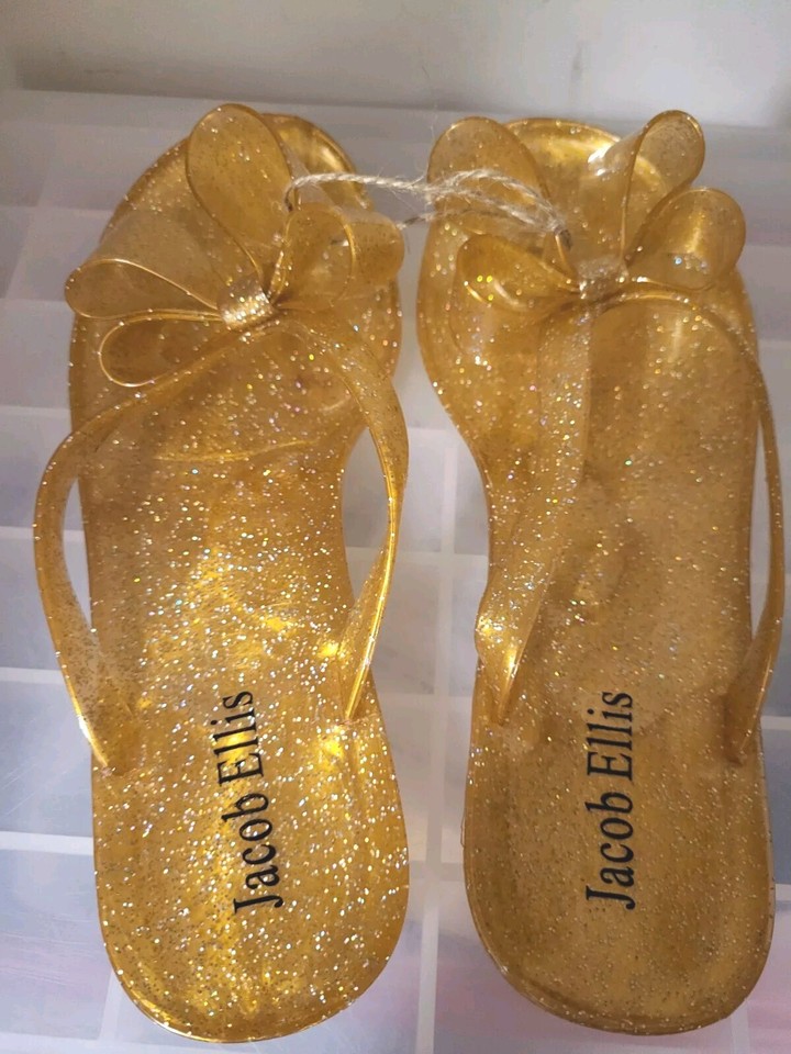 Jacob Ellis Size 6 Bright Gold Glitter Jelley Shoes Flat Beech Vintage