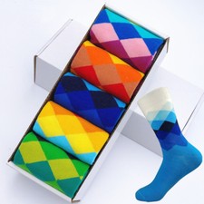 5 Pairs Mens Cotton Socks Box Colorful Argyle Diamonds Dress Socks Wedding Gifts