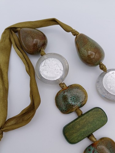 Statement Modern Heavy Bohemian Clear Glass & Green Ceramic Beaded Ribbon... - Picture 5 of 17