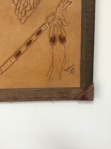 HAND TOOLED LEATHER,EAGLE,FEATHER,FRAMED 12"X16",HAND CRAFTED DECOR, VASES - Picture 2 of 3