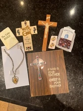 8 Assorted Religious Items - Wooden cross, plaque  ,little bible, medals & more