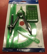 Staedtler 4 Piece Set Math Instruments Ruler Protractor Compass Calculator Green