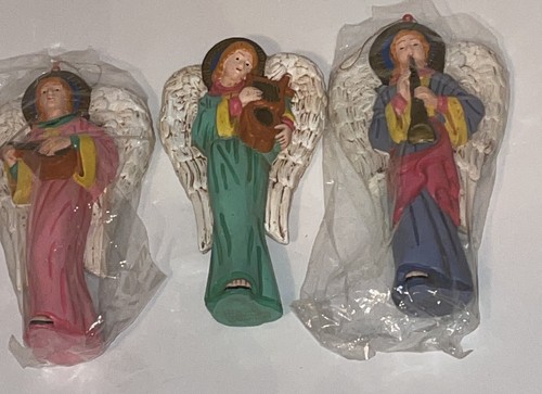 Kurt S Adler 3 Angel Xmas Ornaments Resin - Pink Blue Green 6” Harp Flute Sitar - Picture 3 of 8