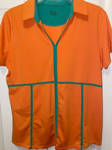 Bette & Court Woman's Orange Poly Spandex V Neck Polo Shirt Green Trim Sz L