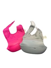 Oxo Silicone Foldable Roll Up Catch All Baby Bibs Pink And Gray 2-pack