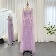 Champagne Mermaid Evening Dress with Cape Sleeves Crystal Cross Lilac Ball Gown