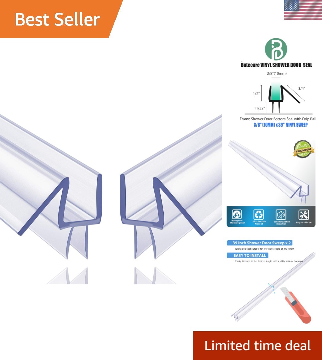 Durable Shower Door Sweep 2-Pack - Clear Vinyl 39” x 0.38” with Aging Resistance