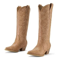 Rollda Cowboy Boots for Women Cowgirl Embroidered Knee-High Western (Tan) Sz 9.5