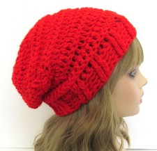 SLOUCHY BEANIE HAT CAP BRIGHT RED TEXTURED EDGE ACRYLIC HANDMADE CROCHET