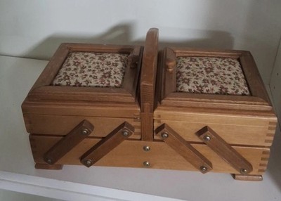 Vintage Wood Tapestry Accordian Style Sewing Box , READ DESCRIPTION 