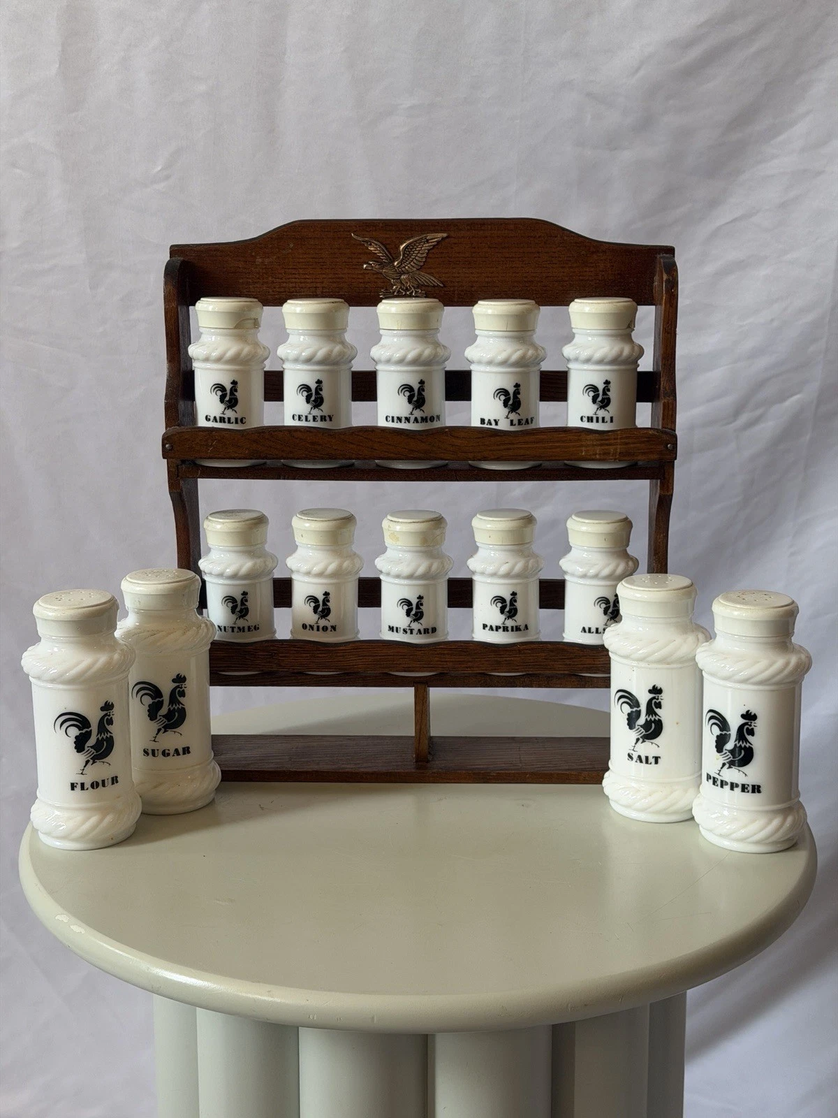 Vintage Hazel Atlas Milk Glass Spice Jar Set Rooster & MCM eagle wood spice rack