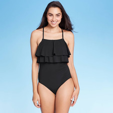 Women's Double Ruffle Medium Coverage One Piece Swimsuit - Kona Sol Black M
