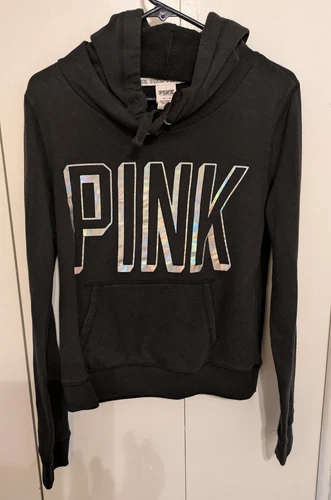 UNDERCOVER Victoria's Secret Pullover Rosa Argento LOGO Felpa con Cappuccio Nero Taglia M