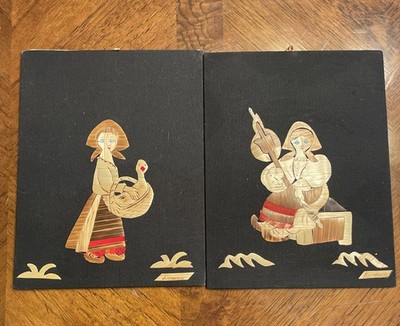 Vintage MCM RomaniaFolk Art Straw on Black Linen Fabric Wall Art Set of 2