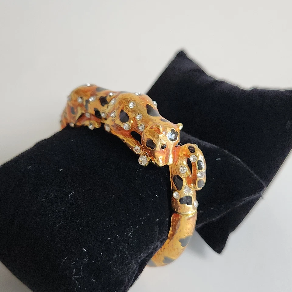 Gold Tone Bracelet Leopard Print Bangle Bracelet with Enamel and Rhinestones - Image 3 of 4