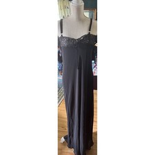 Vtg Valerie Stevens Black Lace Trim Maxi Slip Dress Sheer Chiffon Sz L Tie Front
