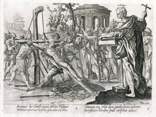 H. Goltzius M. de Vos St. Philip crucifixion Bible engraving Kupferstich 1600