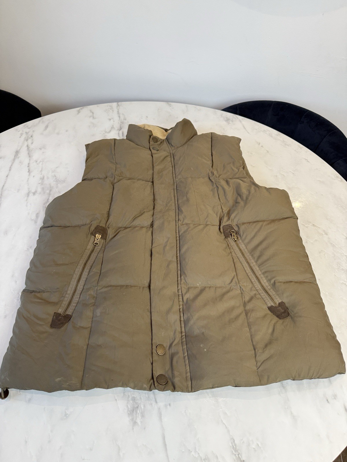 Vintage Nautica Down Gilet Mens Large Olive Green Puffer Vest Leather Trim 90s image 3