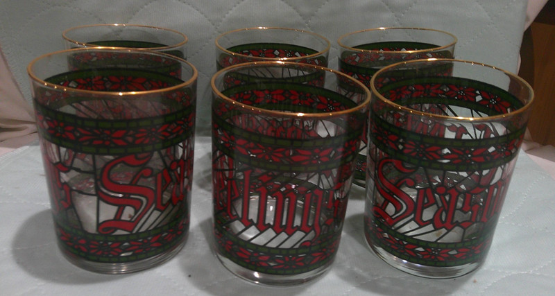 HOUZE new never used VINTAGE STAINED GLASS holiday set of 6 low ball glasses