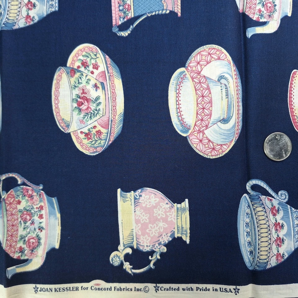 Joan Kessler Concord Fabrics Tea Cups Dark Blue Cottagecore Quilting Cotton 30"L - Image 3 of 4