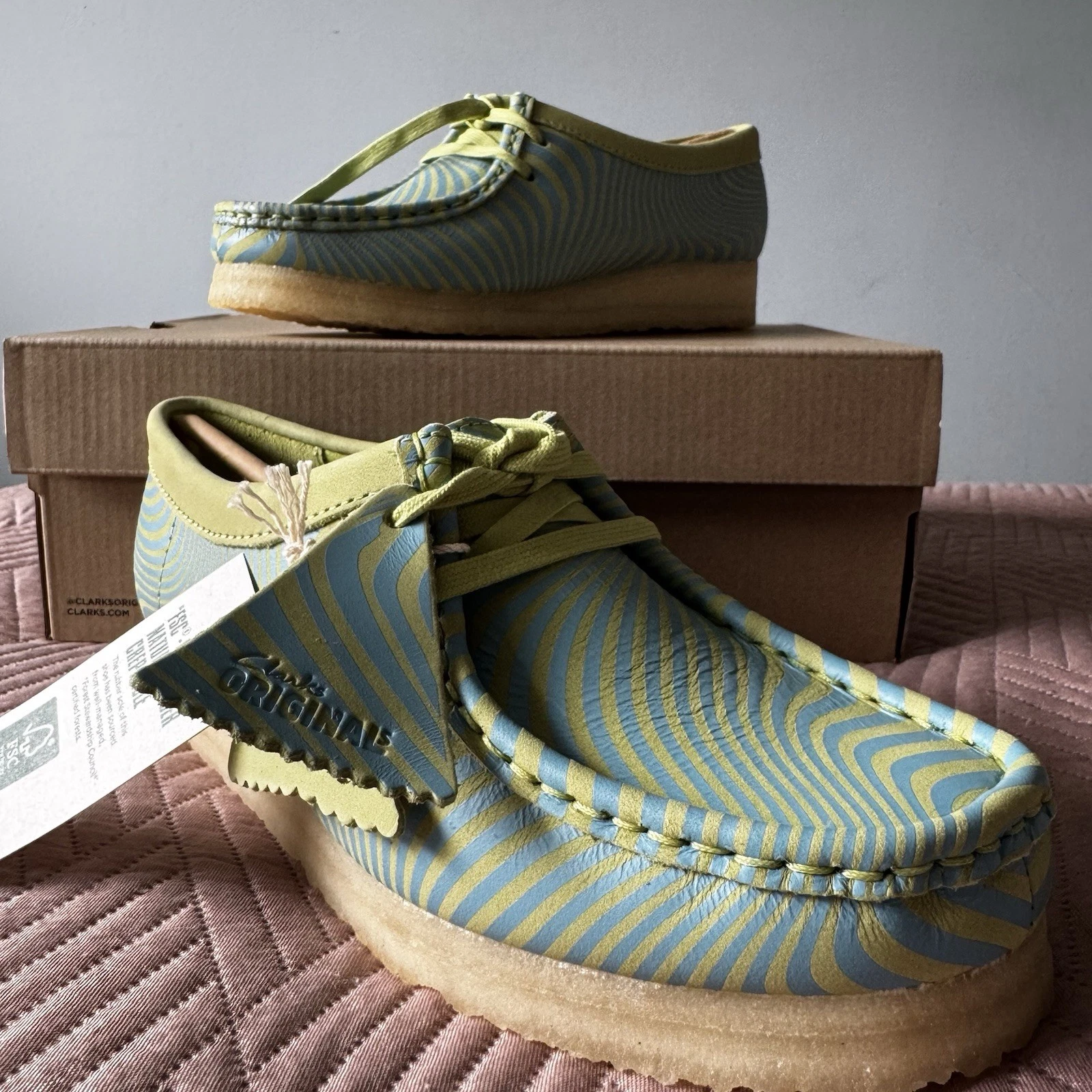 Clarks Originals Wallabee W "Blue Lime Print" donna taglia UK 3 5 nuovo