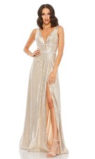 Mac Duggal Nude Silver Sequin Rhinestone Open Back High Slit A-Line Size 4 $398