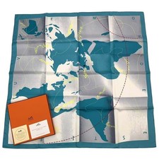 Hermes Le Monde Est 1 Fleuve Silk Scarf Carre 90cm Blue MINT w/Box Card Auth