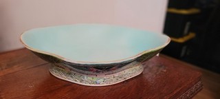 Antique Chinese Famille Rose Cabbage Leaf Butterflies Bowl Serving Dish