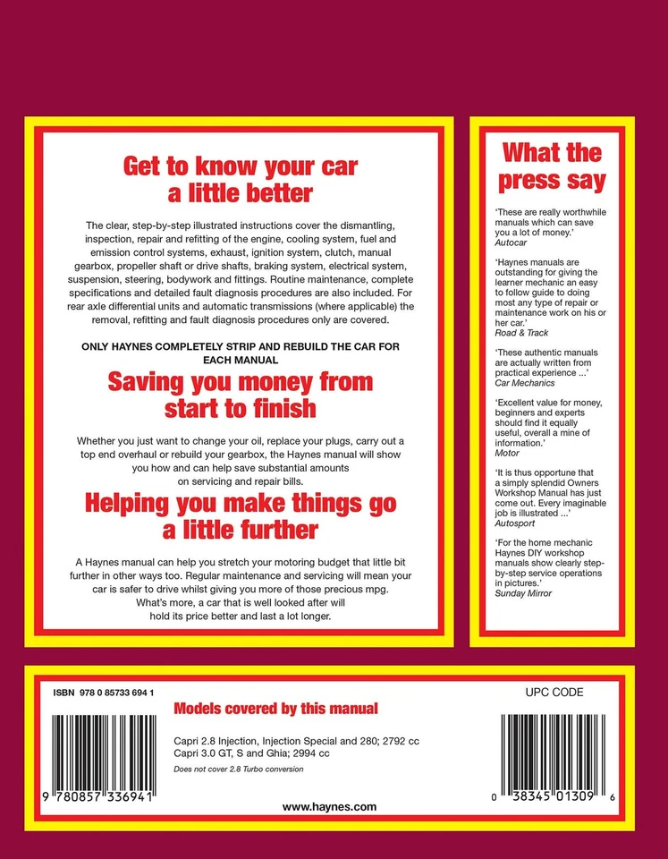 Ford Capri II (and III) 2.8 & 3.0 V6 (1974-1987) Haynes Repair Manual - Image 2 of 4