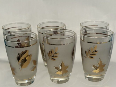 Set of 6 Vintage LIBBEY GOLD OAK LEAF FROSTED 8 OZ DRINKING GLASSES. | eBay