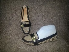 COACH-Pauleen Loafers Canvas signature Flats Gold Buckle-6B-Excellent