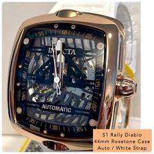 44mm Auto Skeleton DIABLO | Rosetn & Black | White Silicone Band | Invicta Watch