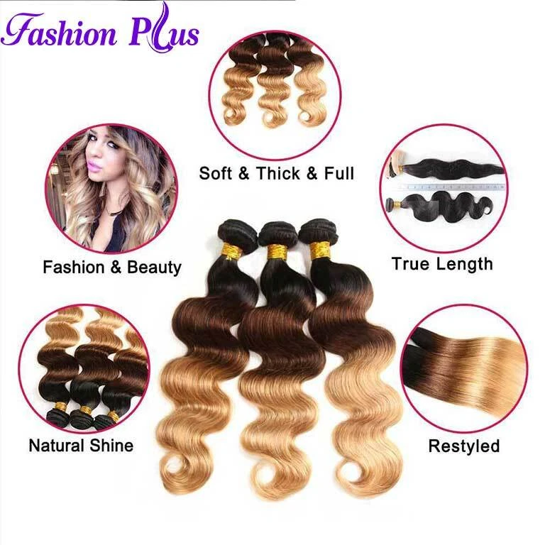 Paquetes de cabello humano Ombre cuerpo tejido ondulado 3 paquetes trama extensiones de cabello Remy Foto 3 de 4