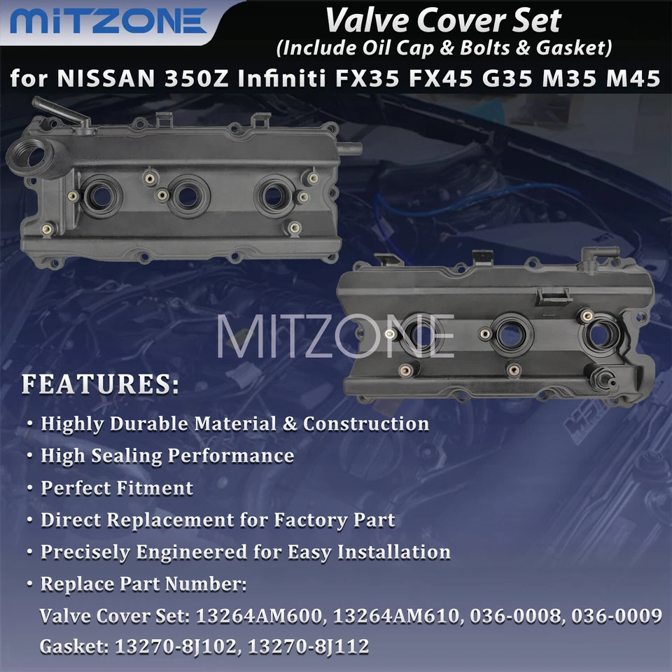 Juego de 2 piezas de cubierta de válvula con junta y tapa para 03-07 Infiniti FX35 G35 M35 Nissan 350Z Foto 2 de 4