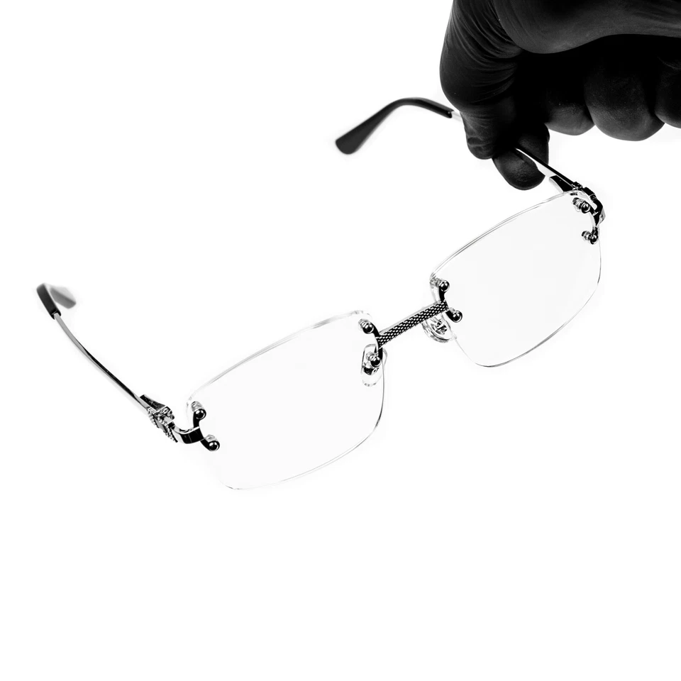 Gafas sin montura de lente transparente retro hip hop vintage con marco plateado para hombre Foto 3 de 4