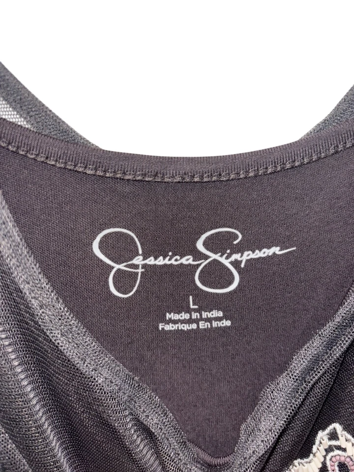 Vestido de cóctel Jessica Simpson gris superpuesto con cuentas transparente para mujer talla grande Foto 3 de 4