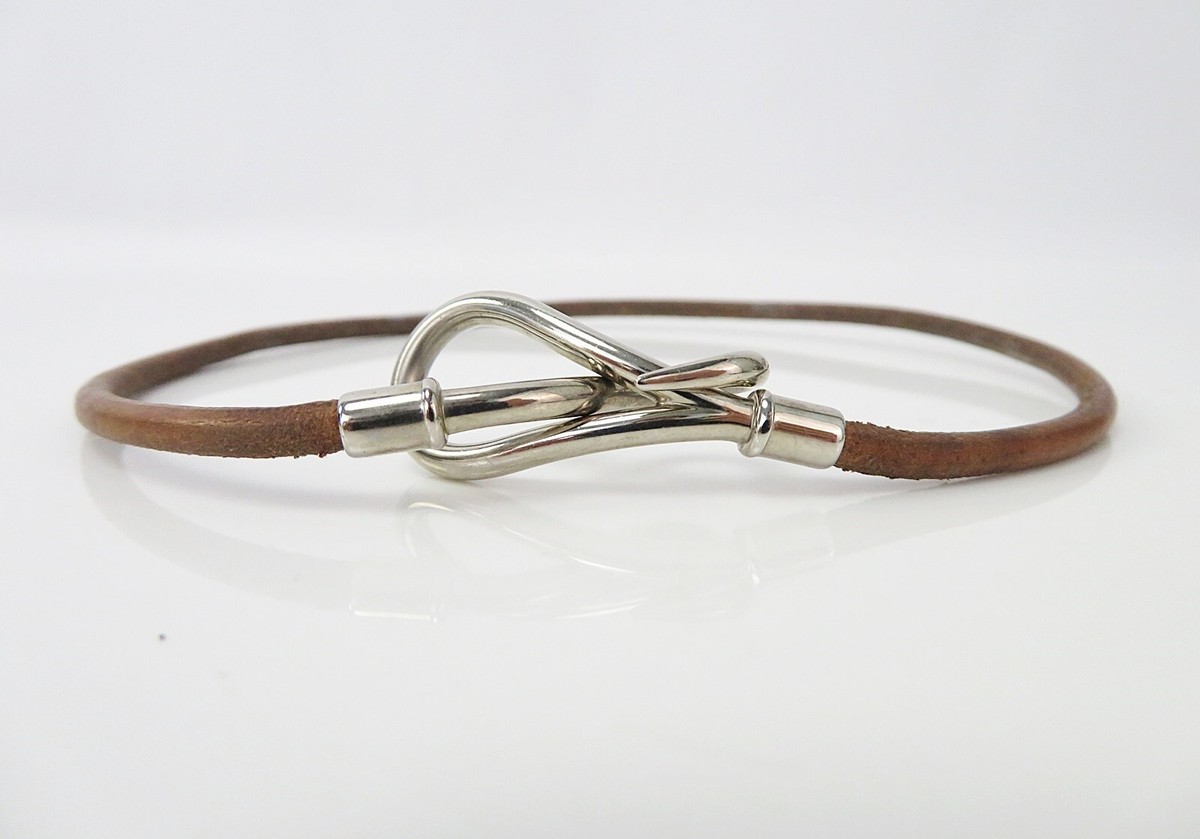 Authentic HERMES Goldtone Jumbo Hook Leather Necklace Double