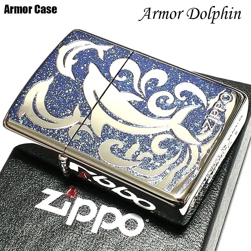 Zippo Oil Lighter Armor Case Dolphin Wave Silver Blue Lame Brass Japan New