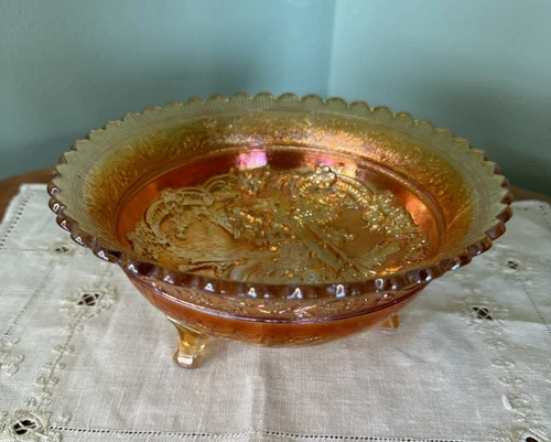 Vintage Imperial Marigold Carnival Glass Windmill Pattern Footed Bowl 8.5" Wide