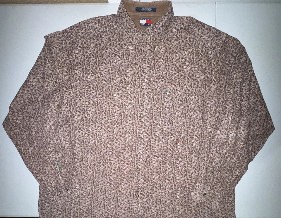 复古 Y2K Tommy Hilfiger 纽扣衬衫男式大号灯芯绒佩斯利棕色 — 第 2/4 张图片