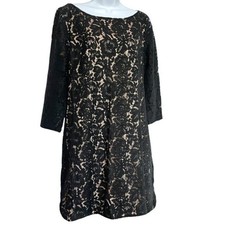 Vince Camuto Lace Dress Womens 12 Black Floral Cocktail Party Sheer Sleeve