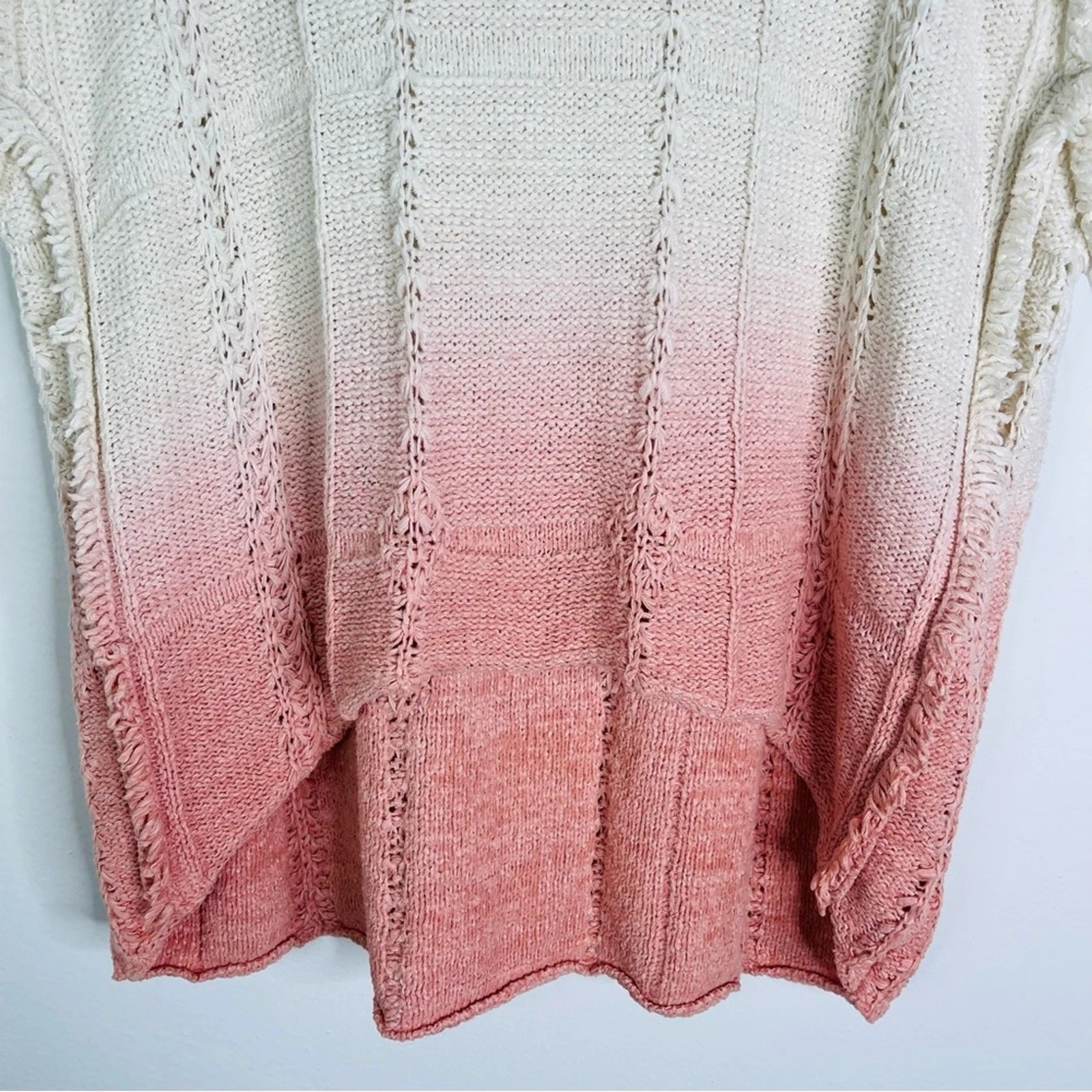 OFF WHITE Felpa con cappuccio falena rosa panna uncinetto boho costiera frange maglione oversize small XS