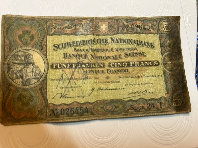 SWITZERLAND  5 FRANKEN BANKNOTE  1942 