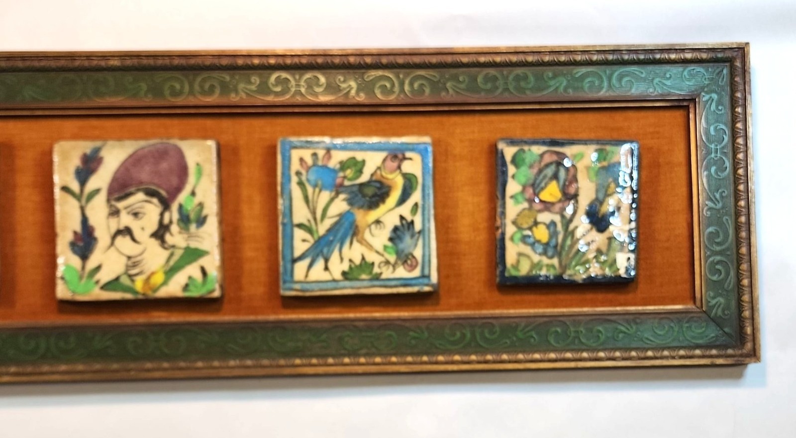 Hand-Painted VTG Persian Style Tile Wall Art Ornate Wooden Frame Floral MCM